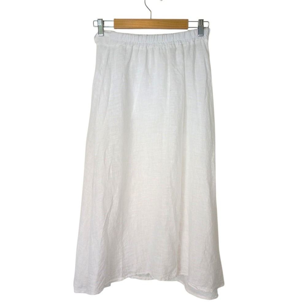 White Linen Wrap Midi Skirt Elastic Back Side Tie Coastal Minimalist Pocket - Picture 3 of 11